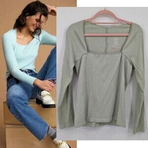 Anthropologie Knit Top Square Neck Mint Green Ribbed Stretch Size Large